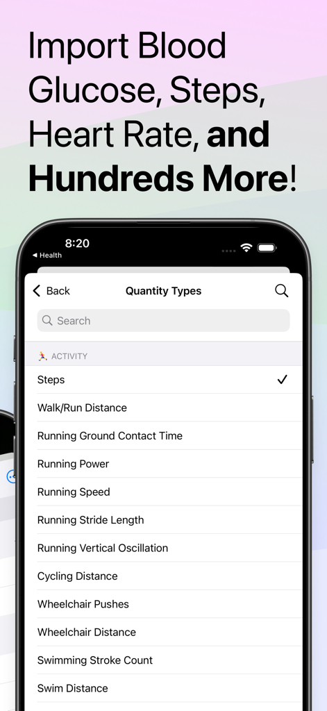 A screenshot of the Health CSV Importer app showing a list of health data types like steps and running metrics available for import.