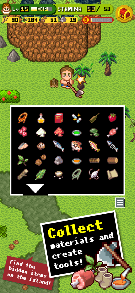 Survival Island 1&2 - Captura de pantalla del juego Survival Island mostrando un personaje de pixel art y elementos de inventario para fabricar.