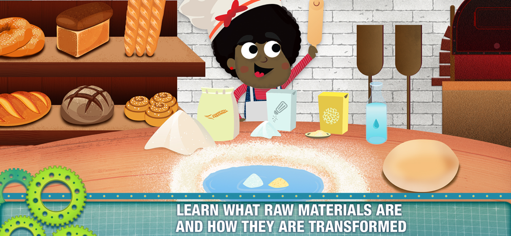 A cartoon chef prepares bread dough with flour and water in an educational game for kids