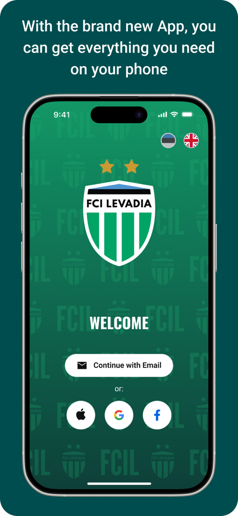 FCI Levadia - FCI Levadia official app welcome screen with login options