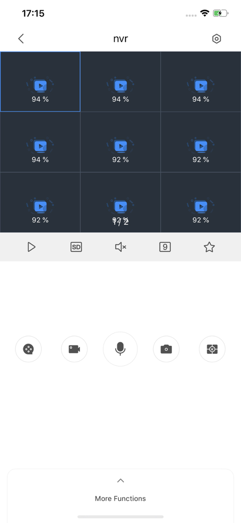 Kabe View - Kabe View mobile App-Oberfläche, die ein Neun-Kanal-NVR-Raster für professionelle Kameraüberwachung zeigt.