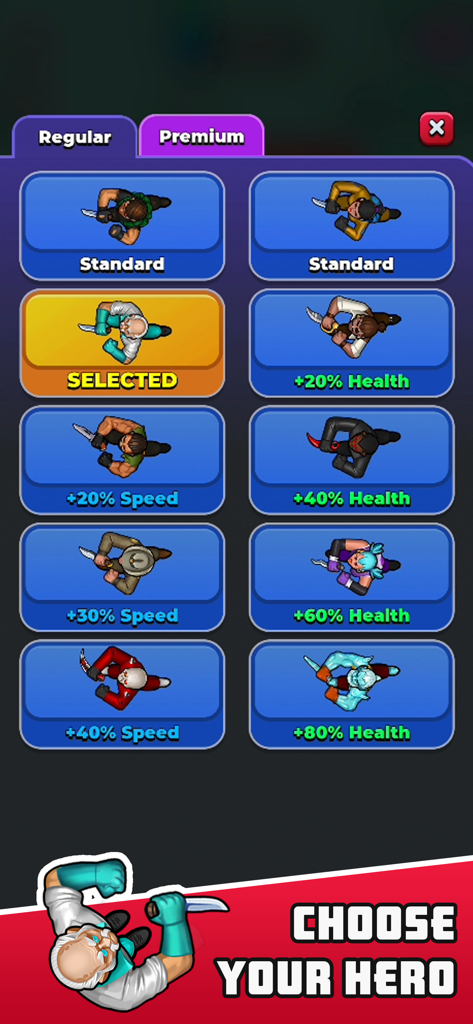 Hunter Assassin - Charakterauswahl-Bildschirm in der Hunter Assassin App mit mehreren freischaltbaren Charakteren mit Geschwindigkeits- und Gesundheits-Upgrades