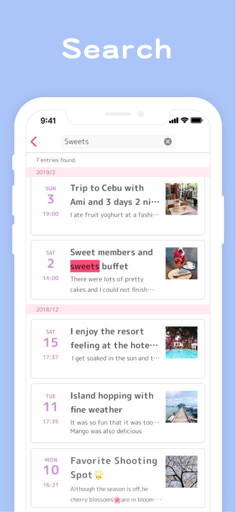 A search results screen in the Diary Note app showing multiple diary entries with photos and text snippets under the search term sweets.