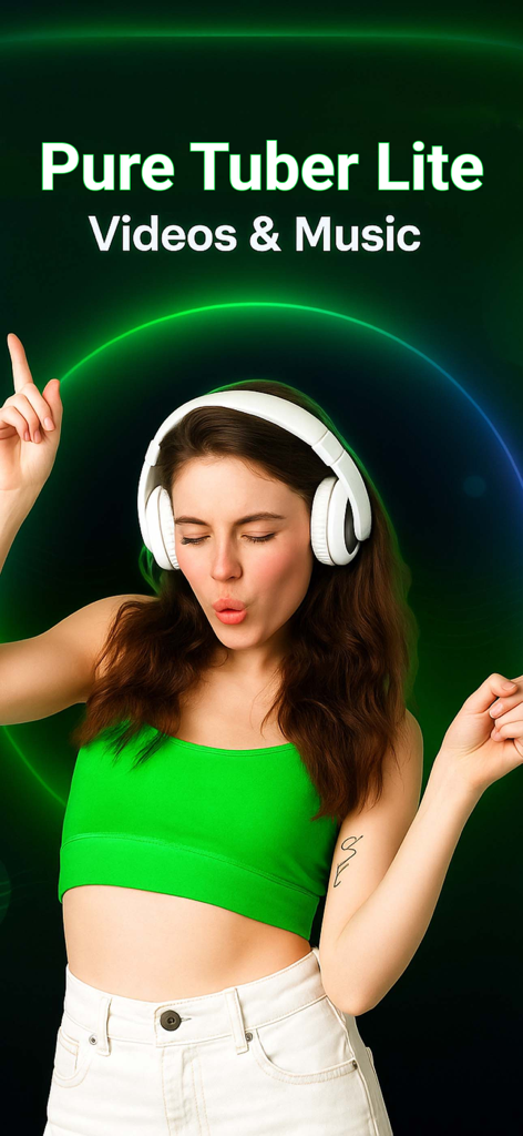 Pure Tuber Lite: Video & Music - Una mujer con auriculares blancos disfrutando de música con la marca de la aplicación Pure Tuber Lite