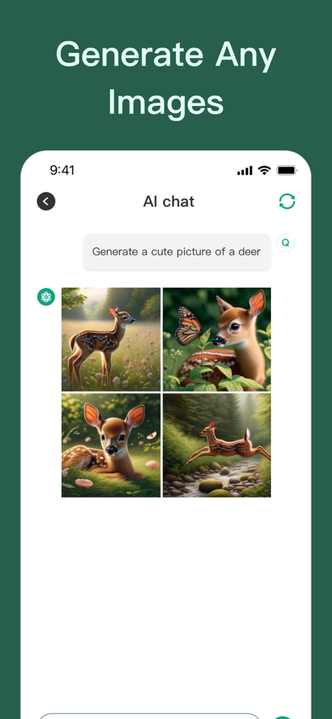 AI Chatbot Assistant - AI Bot - Une capture d'écran de l'application AI Chatbot Assistant montrant des images générées par IA d'un cerf basées sur une invite de chat
