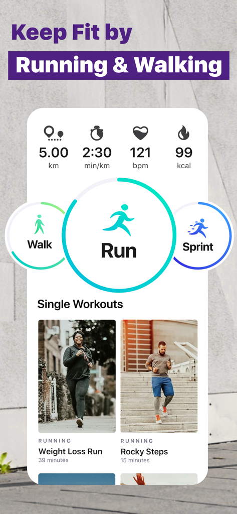 Fitness Verv: Daily Exercise - Verv app interface showing running and walking workout programs and real-time fitness tracking stats.