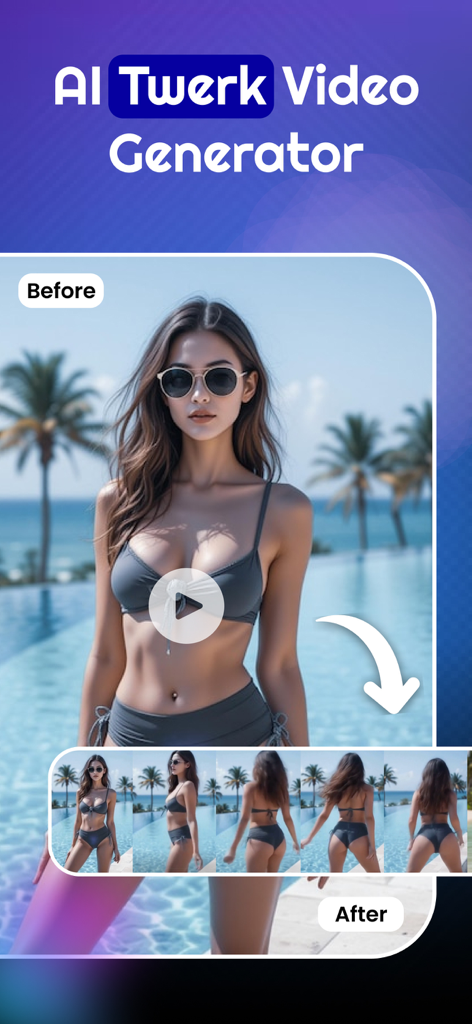 Twerk Video Generator: Twerky - Interface de l'application Générateur Vidéo Twerk IA Twerky montrant une comparaison avant/après d'une photo animée