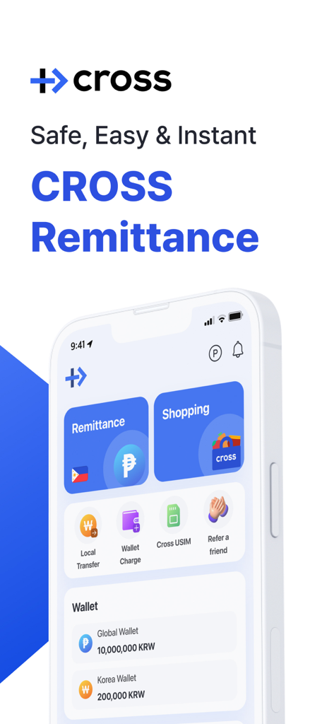 CROSS: REMIT & SHOP - Cross app interface showing global remittance and shopping features on a mobile phone.