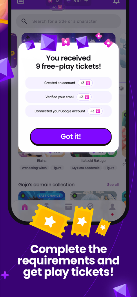 TokyoCatch Claw Machine - 東京キャッチアプリのスクリーンショットで、アカウント要件の完了によって獲得した9回の無料プレイチケットの報酬メッセージが表示されています。