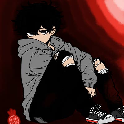 a male hoddie ripped jeans messy hair anime