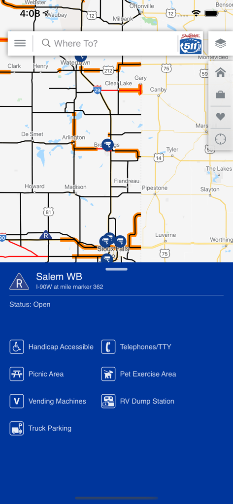 SDDOT 511 mobile app screenshot showing a map of South Dakota highways and available amenities for the Salem WB rest area on I-90.