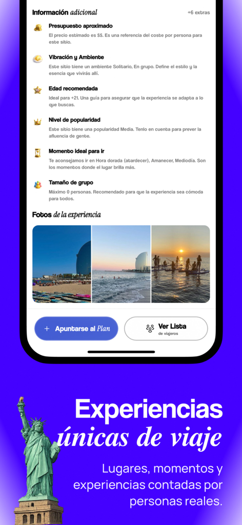 A mobile screen from the Went App showing detailed travel information including budget, atmosphere, and a gallery of authentic beach sunset photos.