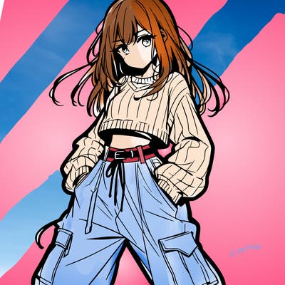 anime teen girl with baggy pants and crop top with sweater