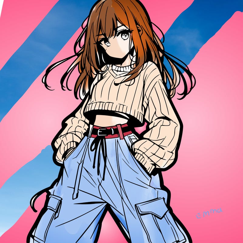 anime teen girl with baggy pants and crop top with sweater