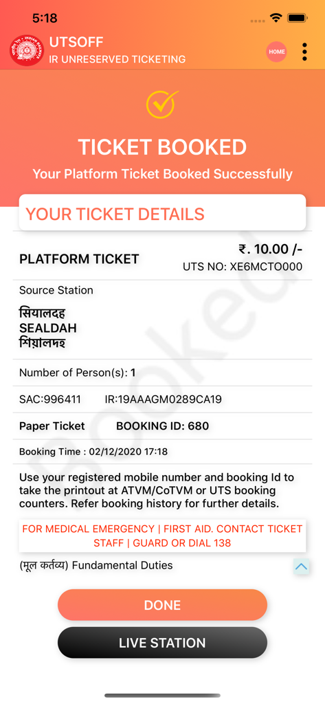 UTS - Digital confirmation screen of a platform ticket booked on the UTS app