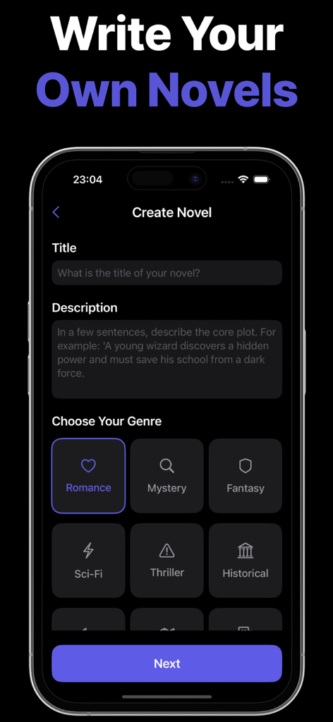 Story Generator: Novel AI - Create Novel screen in the Story Generator app showing input fields for title and description and icons to choose genres like Romance, Mystery, and Fantasy.