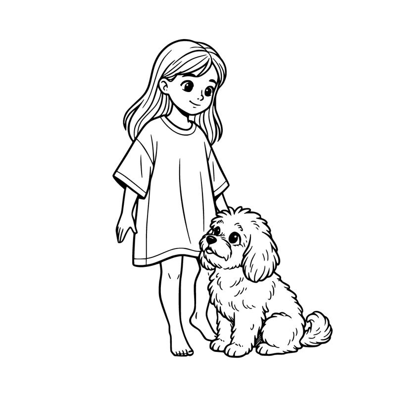 a girl wearing a very very very baggy shirt with no shorts and a cute small fluffy dog sitting next to her close up