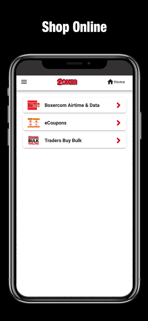 Boxer - Boxer app shop online screen showing options for airtime and data, eCoupons, and bulk buying