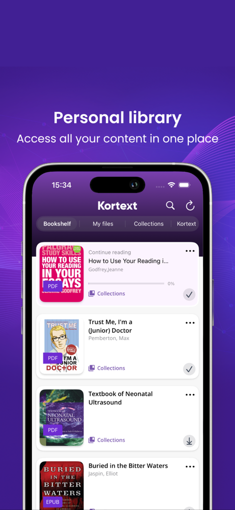 Kortext - A smartphone screen showing the Kortext app personal library with a bookshelf of academic ebooks and PDF documents