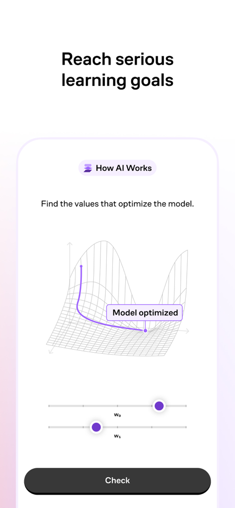 Interactive AI optimization lesson in the Brilliant app featuring a 3D surface plot and weight sliders