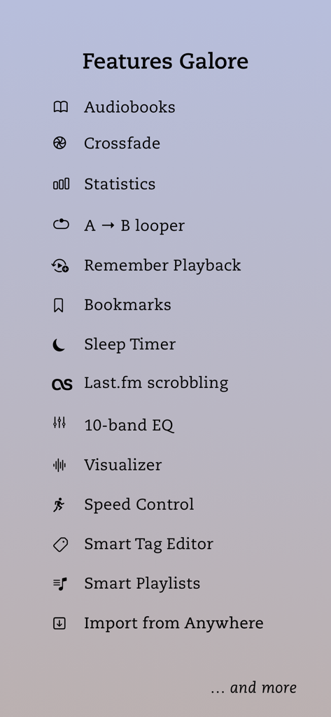 Muziqi - Pro Music Player - Una lista completa de características del Reproductor de Música Pro Muziqi que incluye ecualizador, bucle y soporte para audiolibros