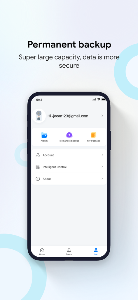 Cam720 mobile app interface showing user account settings and permanent cloud backup options.