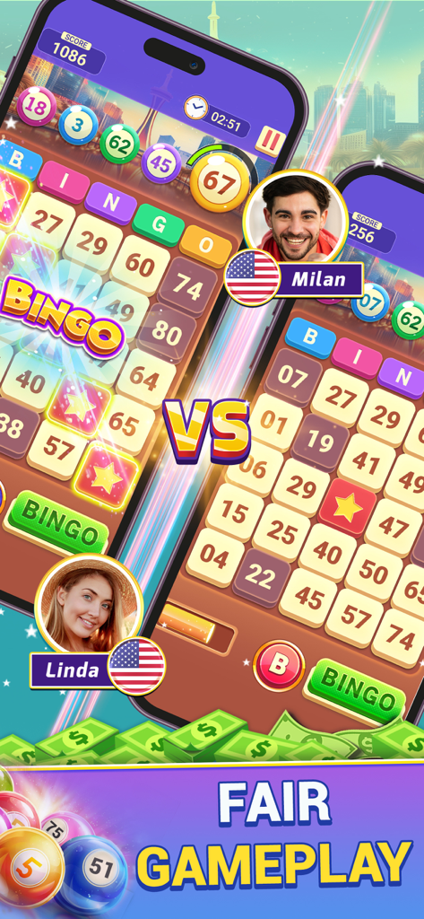 Captura de pantalla de una partida versus en Domina el Bingo y Gana Dinero Real mostrando a dos jugadores compitiendo por premios en efectivo con texto de juego justo.