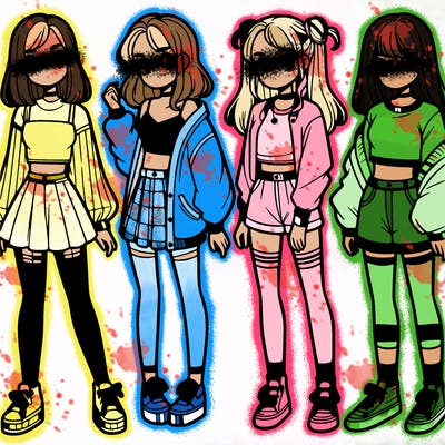 one girl with crop-top shirt and a jacket with a skirt, long socks and another girl with a shirt and pants with a jacket