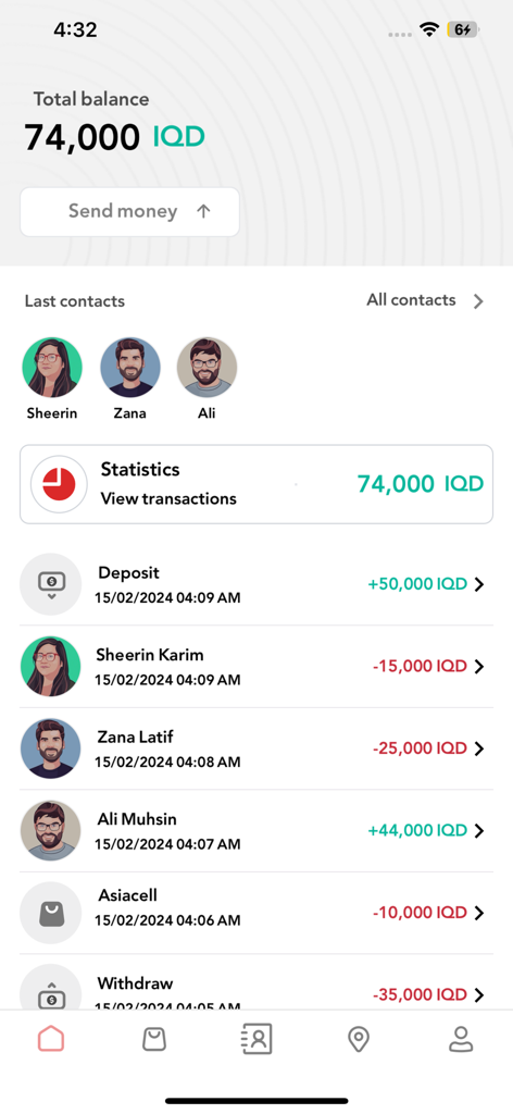Asse Online mobile app dashboard showing account balance in IQD and recent transaction history