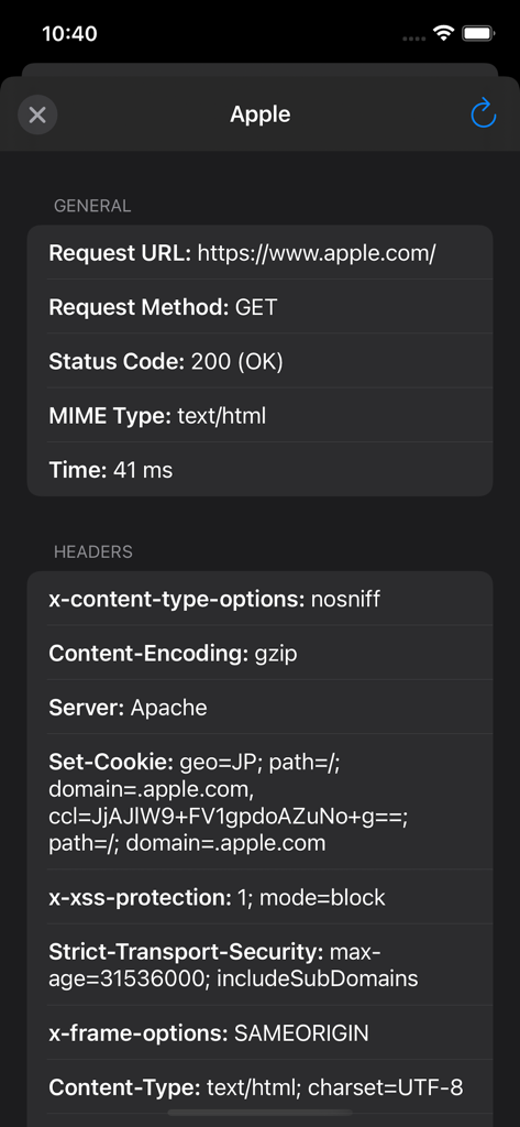 Interface showing HTTP response headers and status code 200 for a GET request