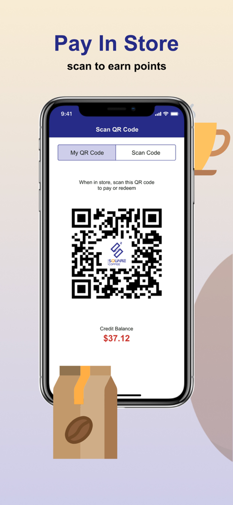 Pantalla de la aplicación Square Coffee que muestra un código QR para el pago en tienda y las recompensas