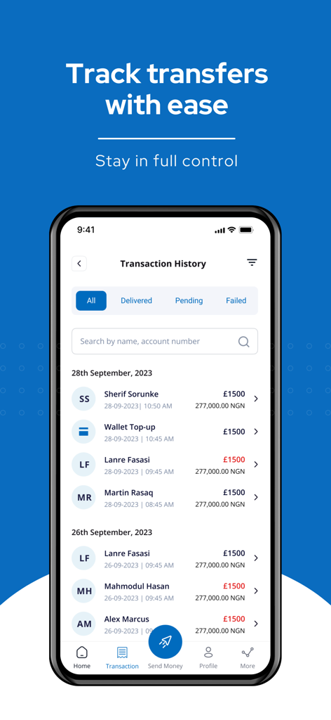 VeloRemit - VeloRemit app transaction history screen showing a list of money transfers to Nigeria with GBP to NGN exchange rates