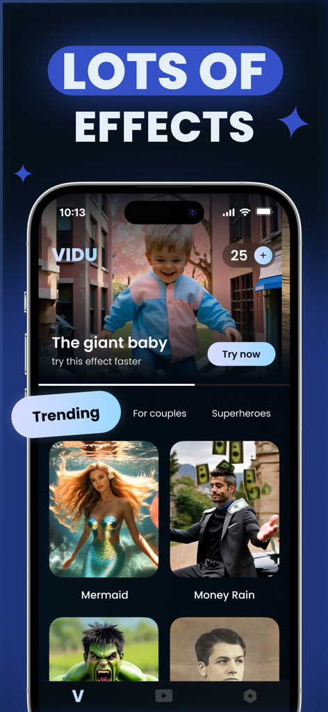Vidu AI: Video Generator - Interface de l'application Vidu AI affichant divers effets et styles vidéo créatifs comme Sirène et Pluie d'argent