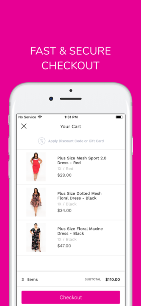 Curvy Sense - Screenshot of the Curvy Sense mobile app showing a shopping cart with plus size dresses and a fast and secure checkout button.