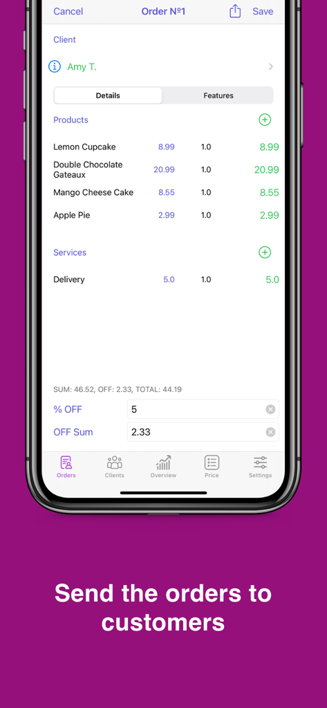 iZ: Orders calculator - Pantalla de creación de pedidos móviles que muestra una lista de productos de panadería y el precio total con un descuento.