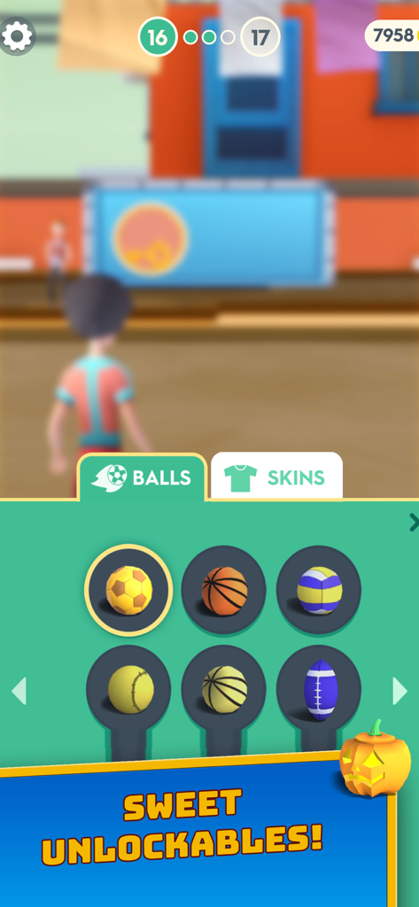 Menu de personnalisation dans l'application Flick Goal montrant diverses peaux de ballons déblocables comme football, basket-ball et ballon de football américain.