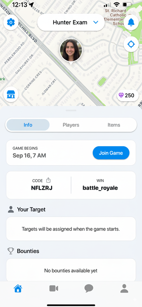 Senior Assassin - HuntinHuntin - Interfaz de la aplicación Senior Assassin HuntinHuntin que muestra los detalles del juego y el botón de unirse.