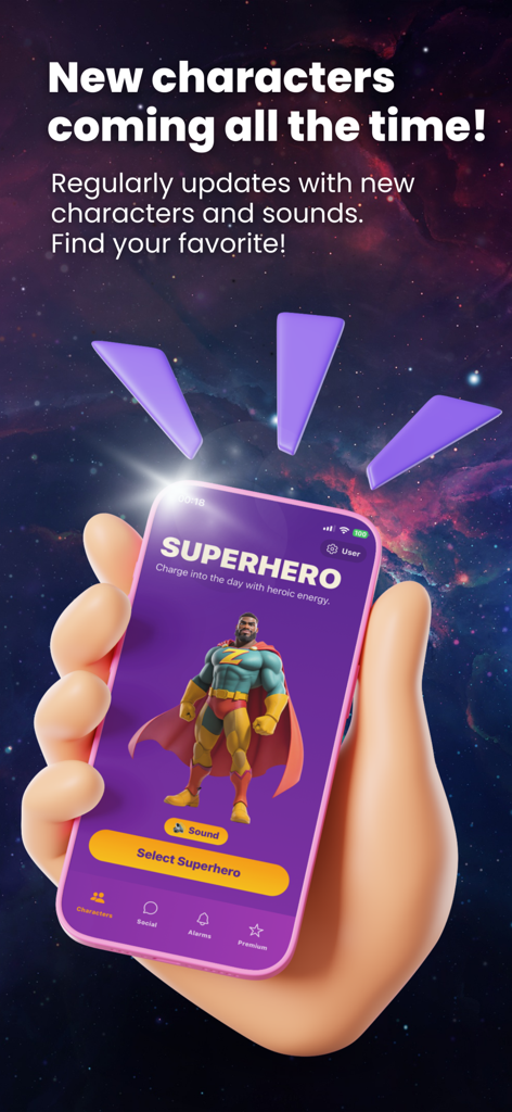 Uno smartphone che mostra l'app Snoozd Alarm Clock con un personaggio supereroe e uno sfondo spaziale stellato.