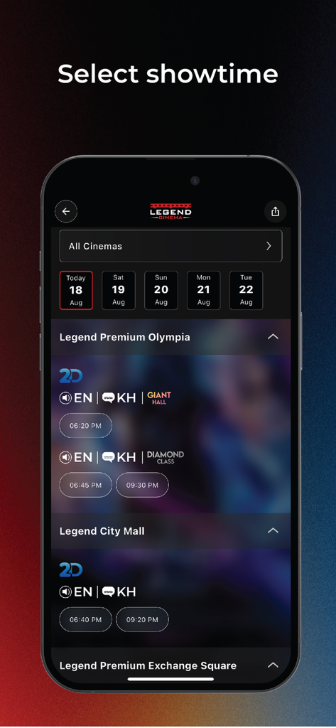 Legend Cinema - Legend Cinema app screen for selecting movie showtimes at different theater locations