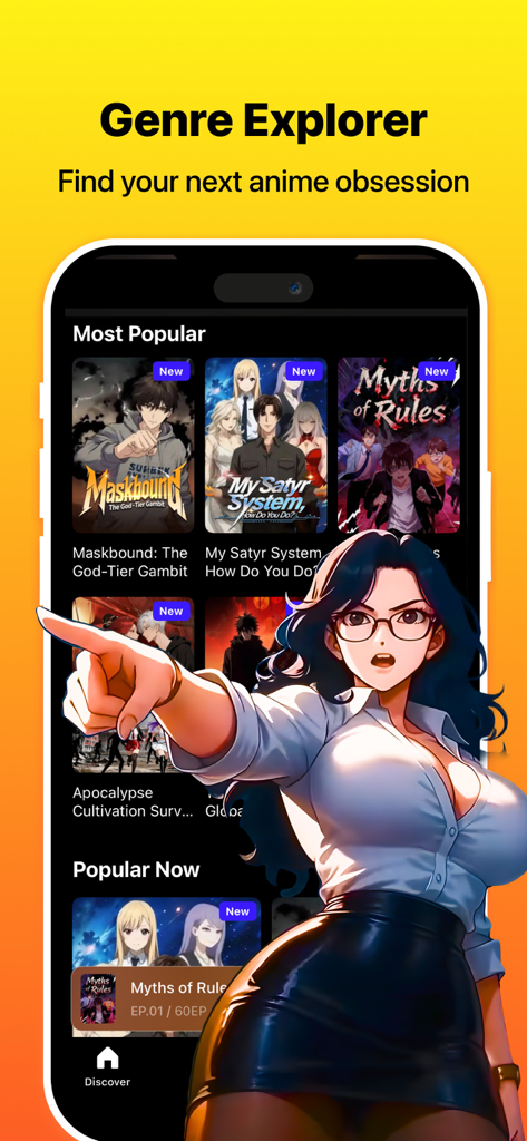 Mangogo – Original Anime - Mangogo mobile app Genre Explorer interface showing popular short-form anime titles and a character illustration.