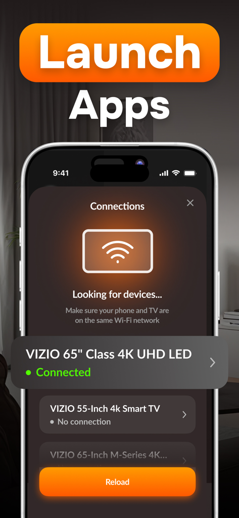 Capture d'écran de l'application de télécommande Vizio sur un iPhone montrant une connexion réussie à une smart TV Vizio de 65 pouces.