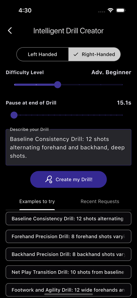Spinfire Pro 2 - Pantalla del Creador de Ejercicios Inteligente en la app Spinfire Pro 2 para entrenamiento personalizado de tenis