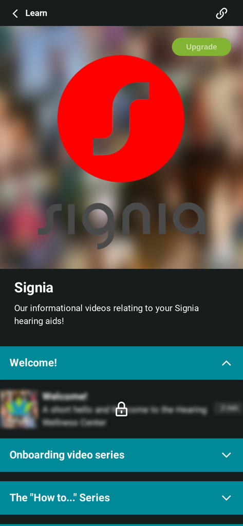 Signia hearing aid informational video series and onboarding guide within the HearWell app.