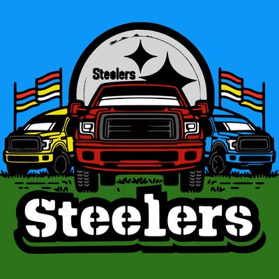 steelers logo with pickup trucks behind it