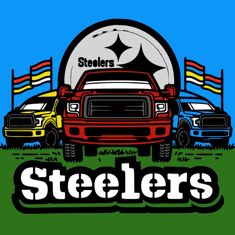 steelers logo with pickup trucks behind it