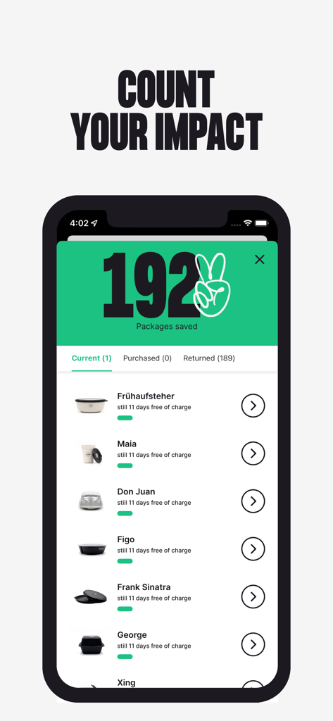 VYTAL - Schermata dell'app VYTAL che mostra 192 pacchi salvati e un elenco di contenitori alimentari riutilizzabili attualmente presi in prestito con scadenze di restituzione.