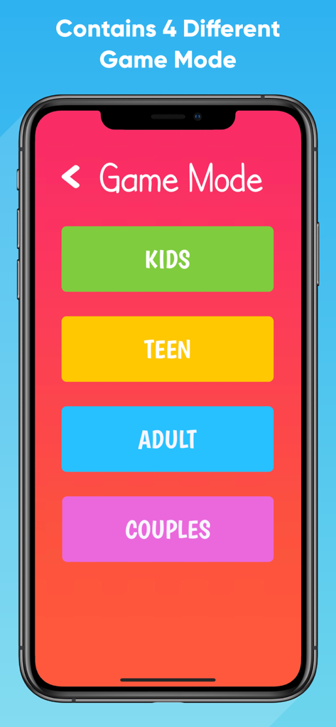 Truth Or Dare : Party Game - Interface de l'application Vérité ou Conséquence montrant quatre modes de jeu pour Enfants, Ados, Adultes et Couples.