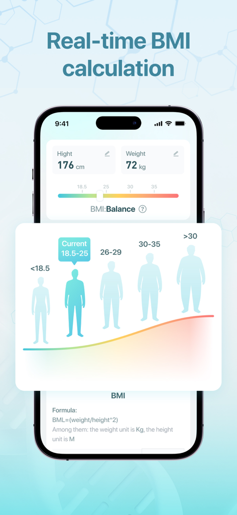 HeartRate Monitor & EZ Fasting - A mobile app interface displaying a real-time BMI calculator with height and weight inputs and a body mass index category chart.