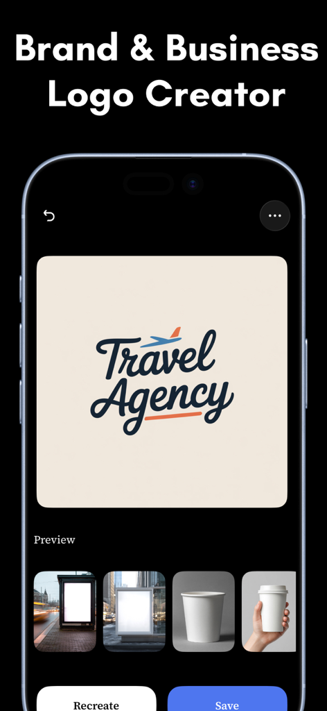 AI Logo Design - Brand Maker - Interfaccia di un'app mobile che mostra un logo di agenzia di viaggi e mockup di marketing professionali per il branding