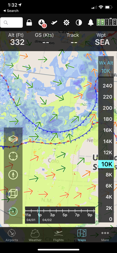 FlyQ+ EFB mobile interface displaying a predictive weather map with wind vectors and altitude slider for flight planning.